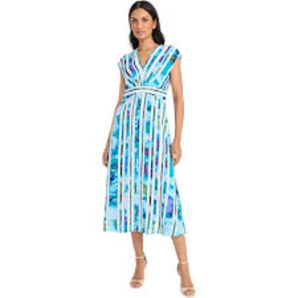 Maggy London Blue White Stripe Floral Surplice Midi Dress Cap Sleeve Size 6
